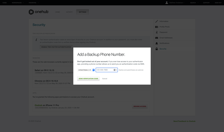 Onehub two-factor authentication backup method modal.