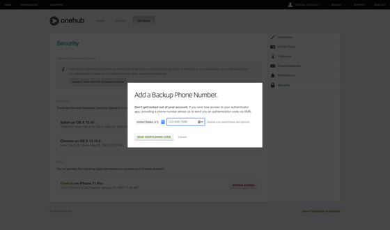 Onehub – 2FA backup modal screenshot