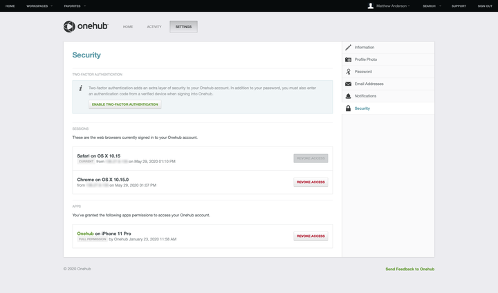 Onehub two-factor authentication settings.