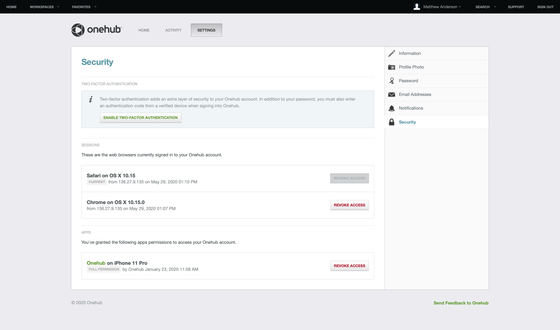 Onehub – 2FA settings screenshot