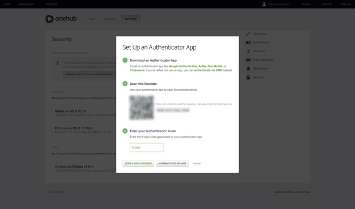 Onehub two-factor authentication setup modal.