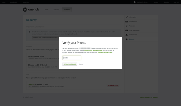 Onehub two-factor authentication verification modal.
