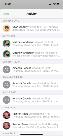 Onehub iOS file activity audit trail.