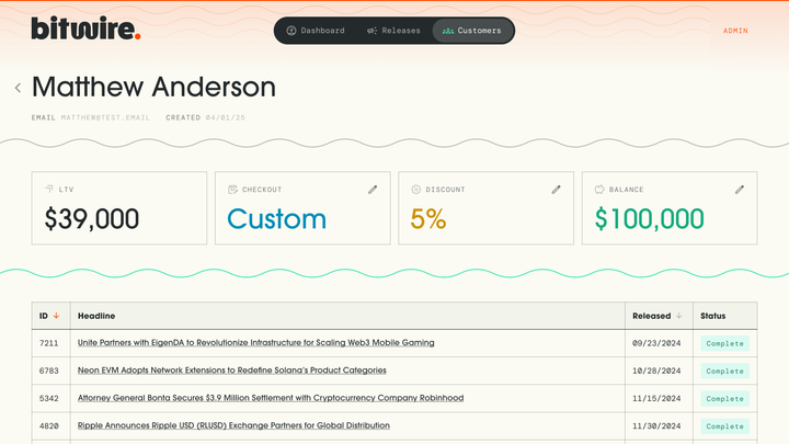 Bitwire – Admin Customer Screenshot