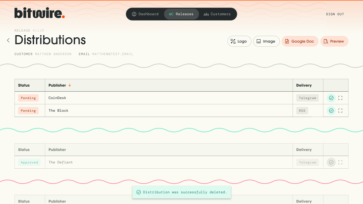 Bitwire – Admin Release Distributions Screenshot
