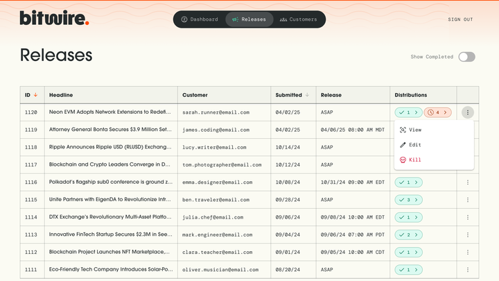 Bitwire – Admin Releases Screenshot