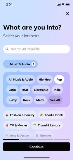 Immersive interest picker over branded colors.