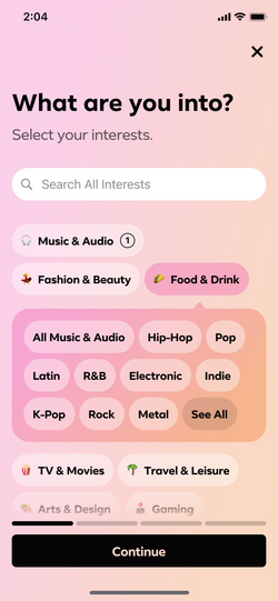 Immersive interest picker over branded colors.