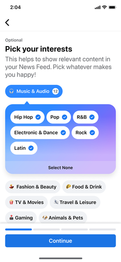 Interest picker for personalizing an additional profile.