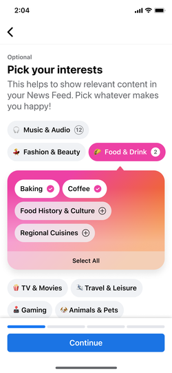 Interest picker with selections for an additional profile.