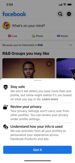 Privacy dialog before engaging with an additional profile.