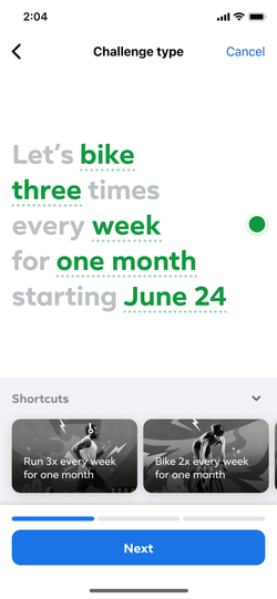Challenge editor customizing activity, frequency, and duration.