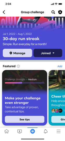 Gamified tips for group admins in the feed.