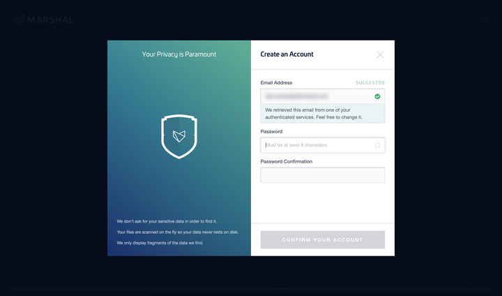 Marshal account confirmation modal.