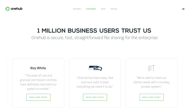 Onehub website customers page with case study carousel.