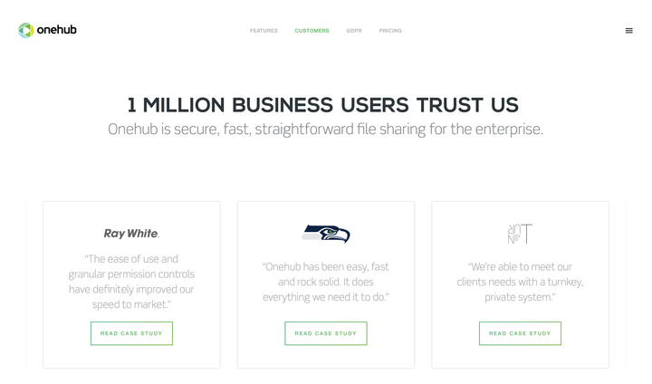 Onehub website customers page with case study carousel.