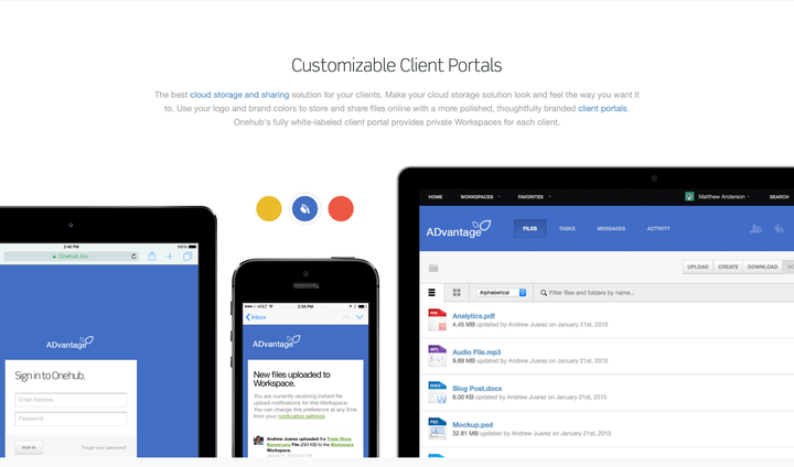 Onehub website interactive customization section.