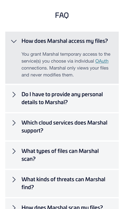 Marshal website FAQ on mobile.