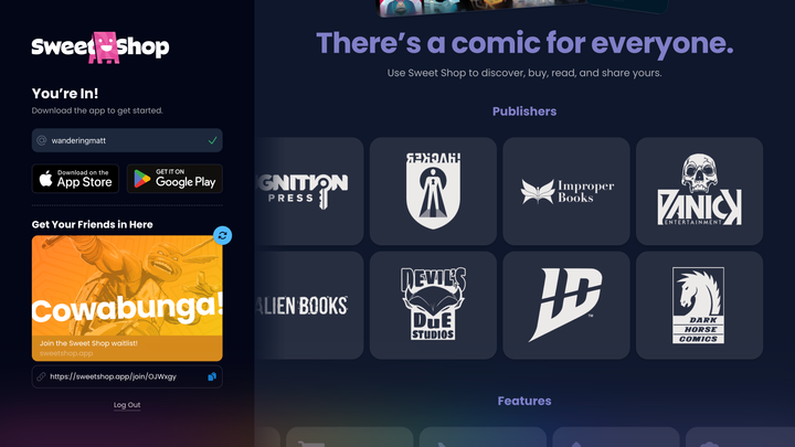 Sweet Shop waitlist features on desktop.