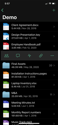 Onehub – file list dark mode screenshot