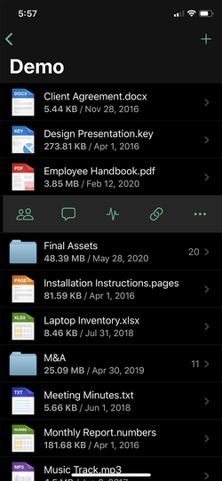Onehub iOS files in list view in dark mode.