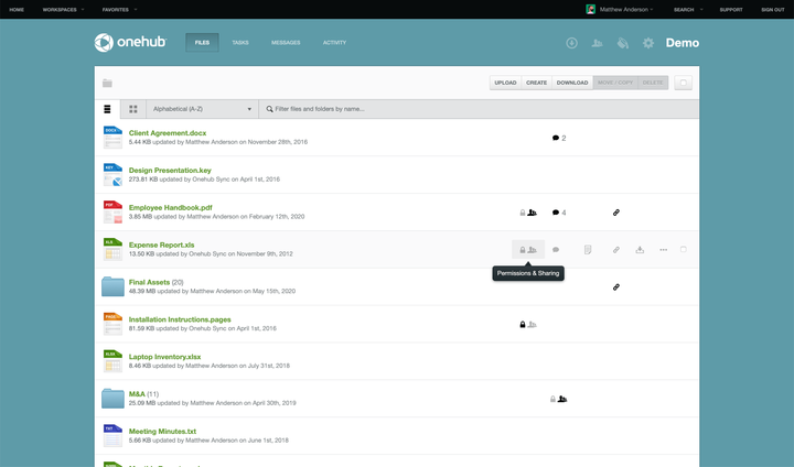 Onehub files in list view with hover actions.