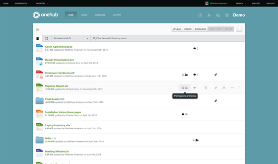 Onehub – files list screenshot