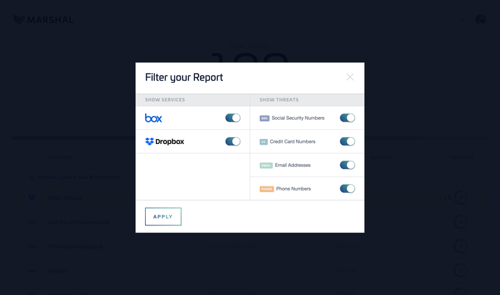 Marshal filter modal for services and threat types.