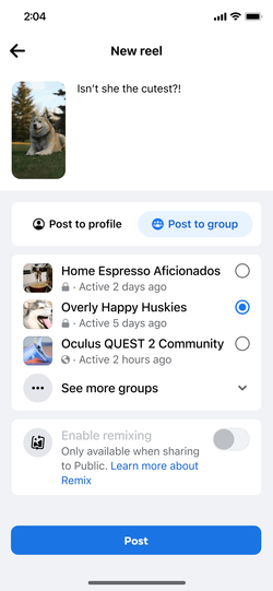 Unified creation flow for posting to profiles or groups.