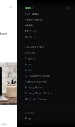 Onehub website hamburger menu on mobile.