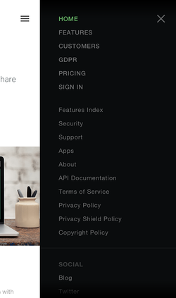 Onehub website hamburger menu on mobile.
