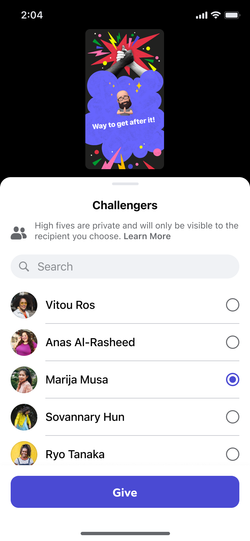 Choosing a challenge participant to send a High Five.