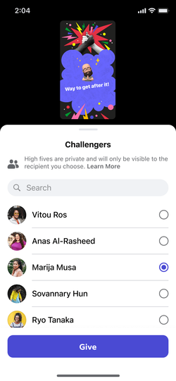 Choosing a challenge participant to send a High Five.