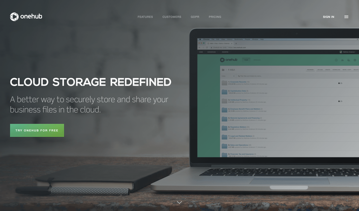 Onehub website homepage with full-height hero.