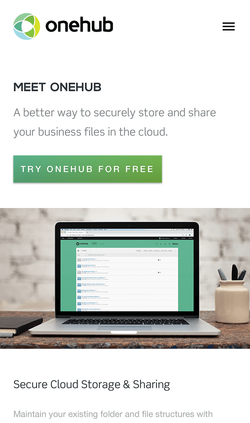 Onehub website homepage on mobile.