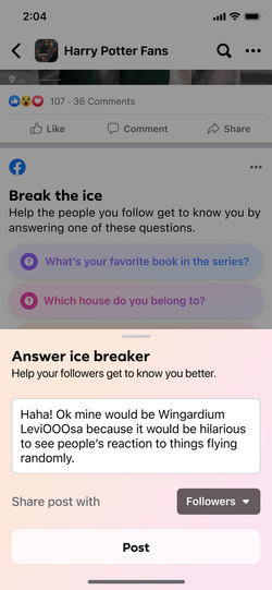 Ice breaker answer posted to the group or followers.