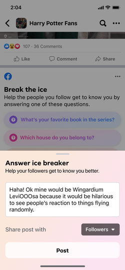 Ice breaker answer posted to the group or followers.