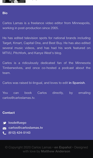 Screenshot of Carlos Lamas' info section on mobile.