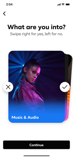 Swiping interest picker using Facebook Dating components.