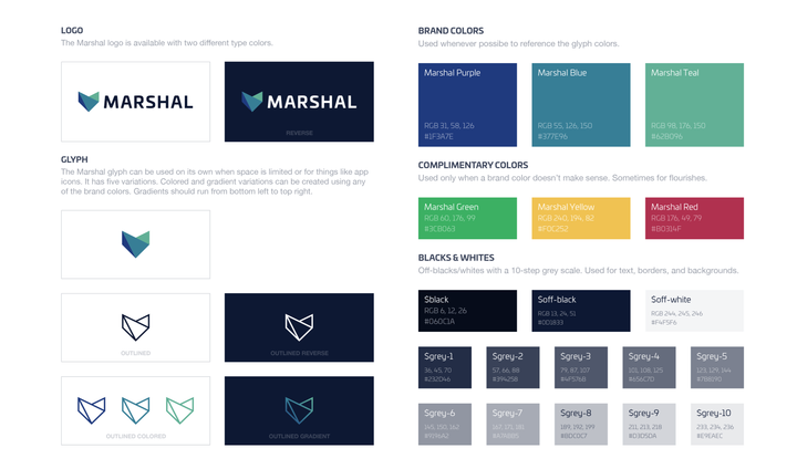 Marshal brand guide showing logo, glyph, and colors.