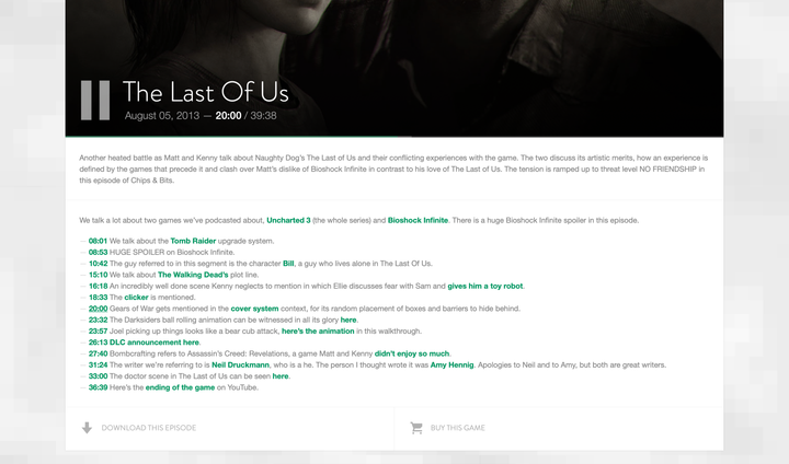 Chips & Bits episode notes with timestamps on desktop.