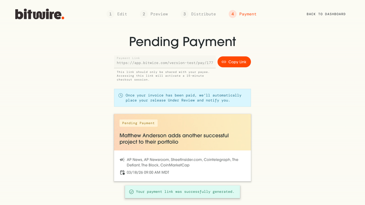 Bitwire – Payment Link Screenshot