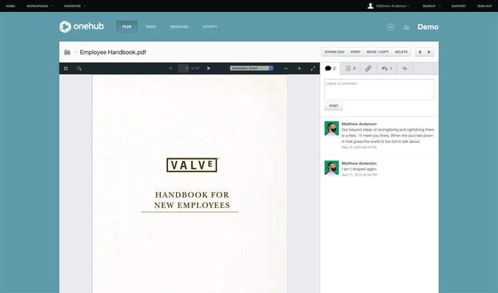 Onehub file preview with collaboration sidebar for moderators.