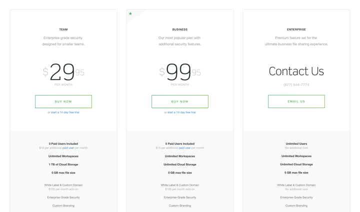 Onehub website pricing page.