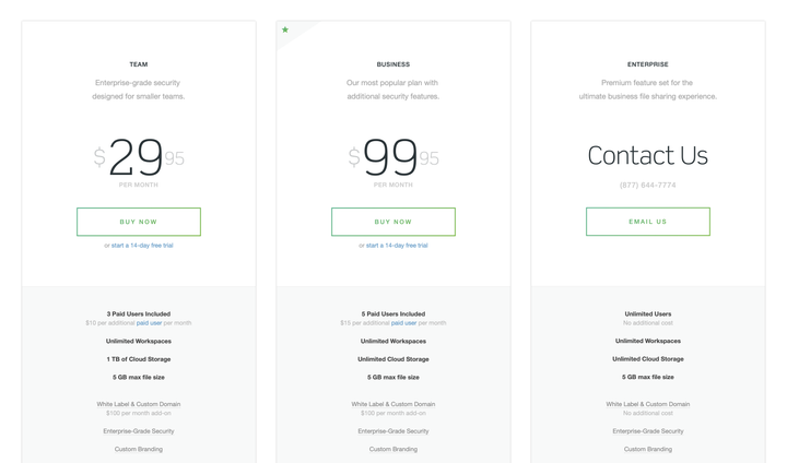 Onehub website pricing page.