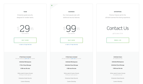 Onehub – pricing screenshot