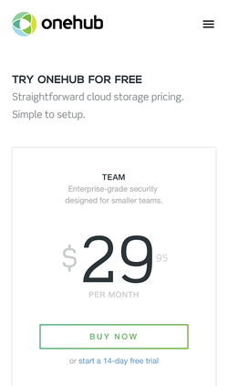 Onehub website pricing page on mobile.