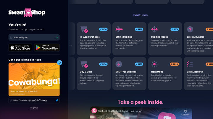 Sweet Shop waitlist publishers on desktop.