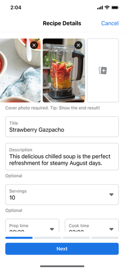 Recipe details form for structured recipe creation.