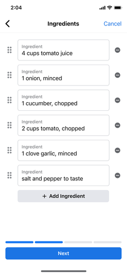 Recipe ingredients being added and ordered.